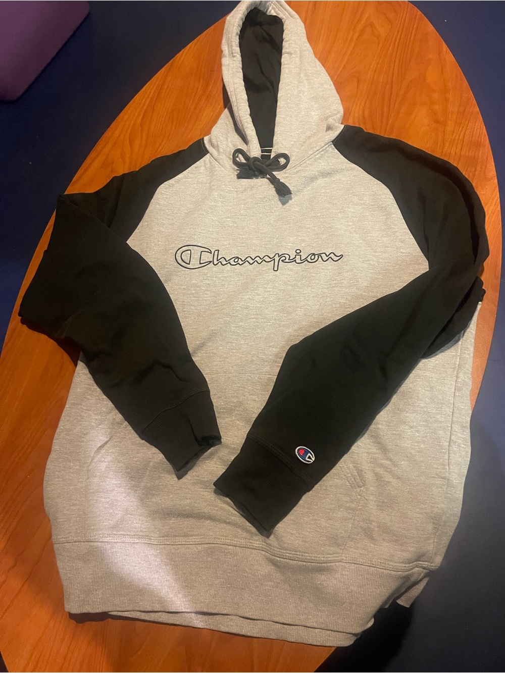 Champion Gray Hoodie with Black Raglan Sleeves